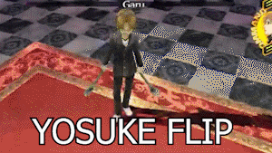 a video game character is standing on a red carpet with the words yosuke flip written on the bottom