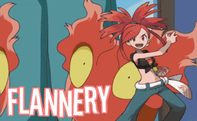 a cartoon of a girl with red hair and the word flannery below her
