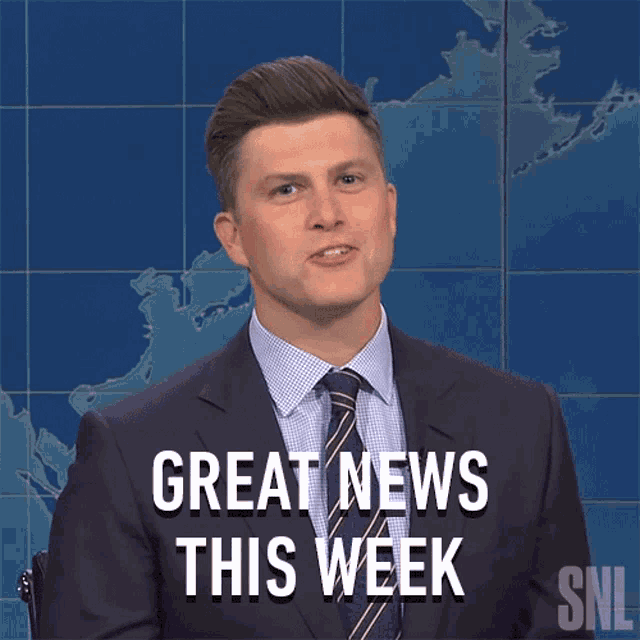 a man in a suit and tie says great news this week in front of a map