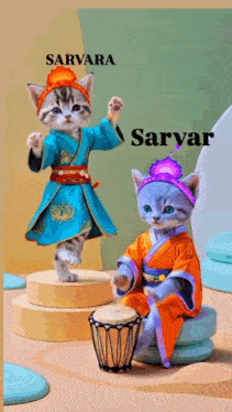 two cats dressed in kimonos are standing next to each other and one is playing a drum .