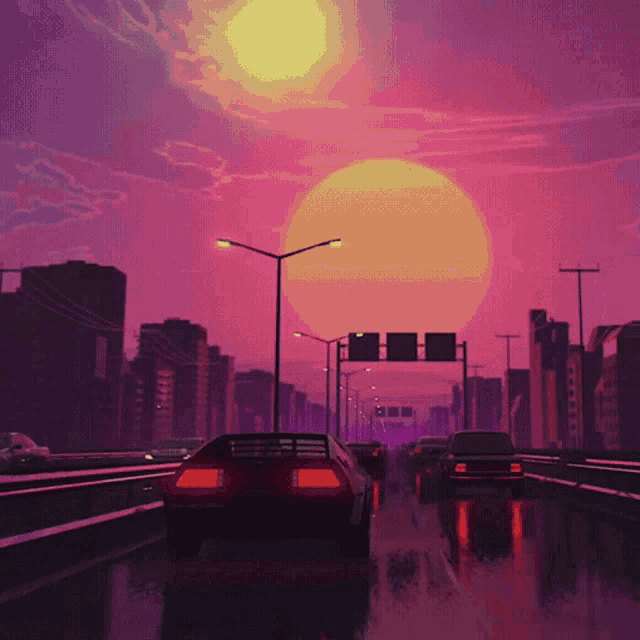 cars are driving down a highway at sunset
