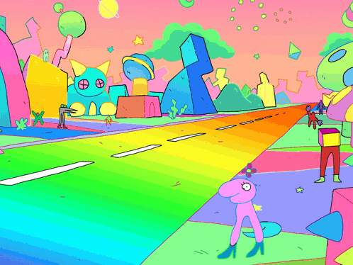 a colorful cartoon scene with a jeep and a unicorn