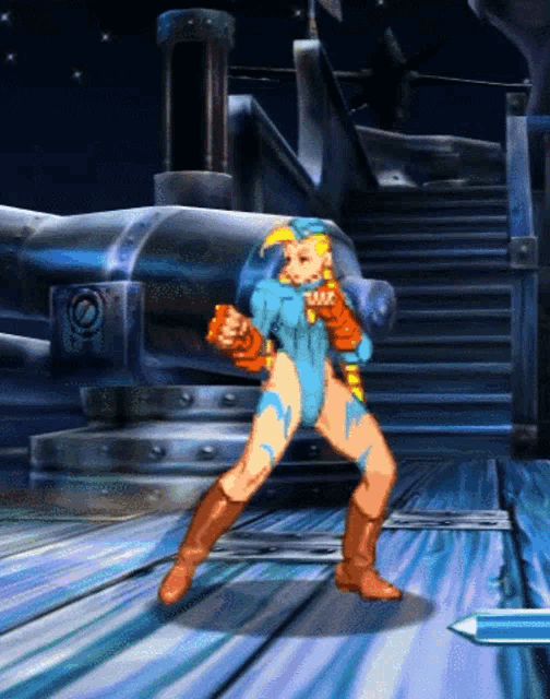 a video game character is standing on a platform with a sword in her hand