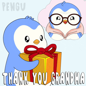 a penguin holding a gift box with the words thank you grandma written below it