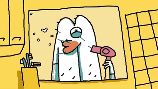 a cartoon drawing of a person holding a hair dryer