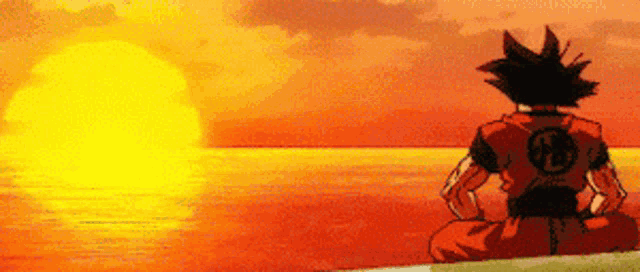 a cartoon character is sitting in front of a sunset over the ocean
