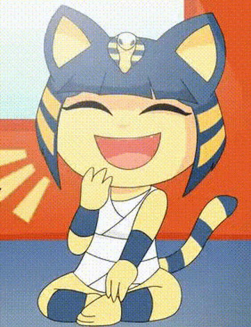 a cartoon cat is sitting on the floor and laughing with her eyes closed .