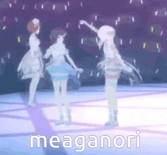 a group of anime girls are dancing on a stage and the word meganori is on the bottom