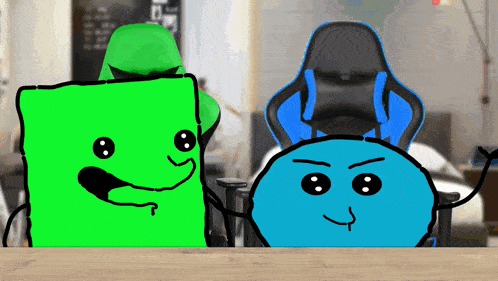 a green and blue cartoon character sitting next to each other