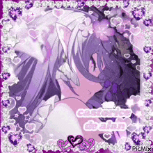 a girl with purple hair and cat ears is in a purple frame with hearts .