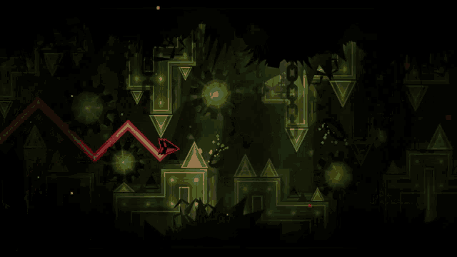 a video game with a pink circle in the middle of a dark forest