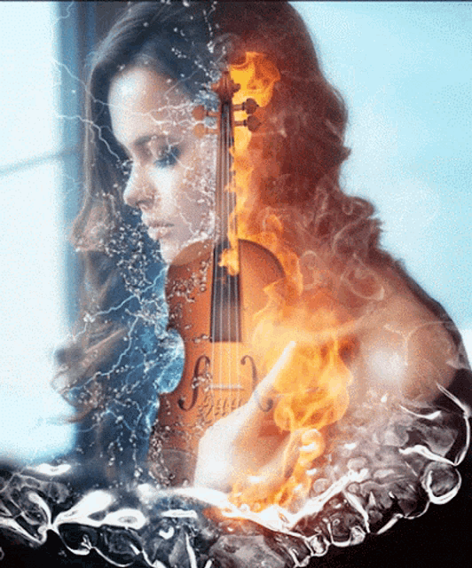a woman playing a violin with the letter s on the strings