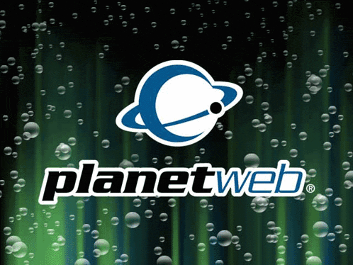 a planet web logo is surrounded by bubbles