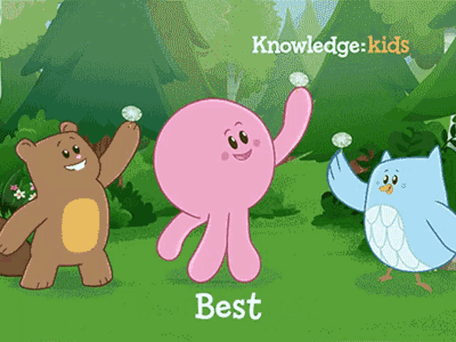 a cartoon of a bear a pink octopus and an owl says knowledge kids best