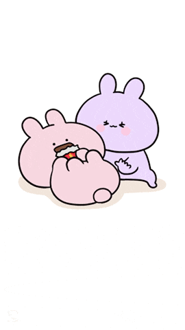 two cartoon rabbits are hugging each other and one is eating a cake