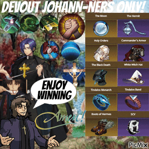 a cartoon of a priest with a speech bubble that says enjoy winning