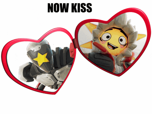 a heart shaped mirror with a cartoon character in it and the words now kiss above it