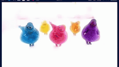 a group of colorful cartoon characters are dancing in a row