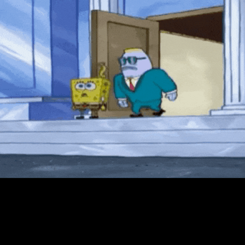 a cartoon of a man in a suit standing next to a spongebob character
