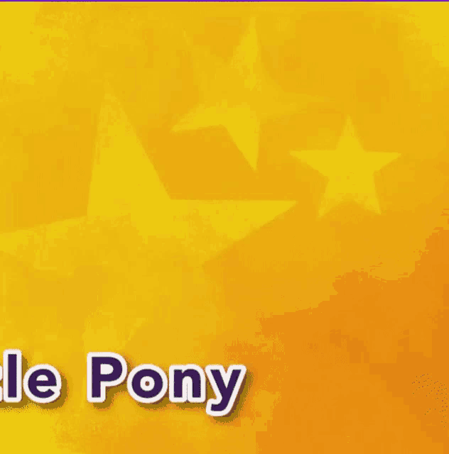 a cartoon pony with purple hair is smiling on a yellow background with the words little pony in white letters .