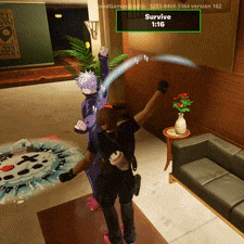 a person is standing in a room with a sign that says survive