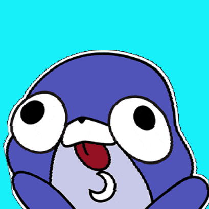 a cartoon penguin with a red tongue sticking out against a blue background