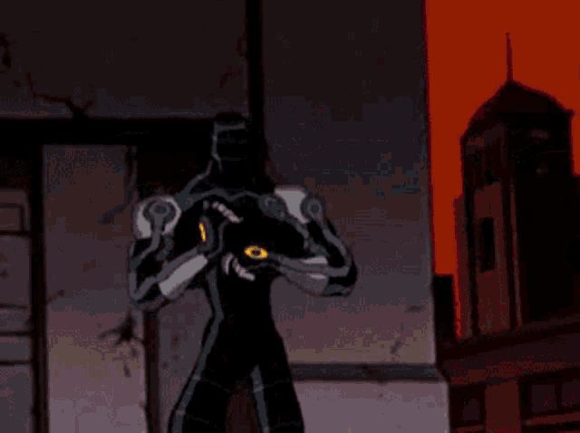 a cartoon character is standing in front of a building and holding a gun .