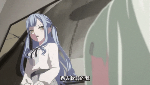 a girl with long blue hair is standing next to a person with chinese writing on their back