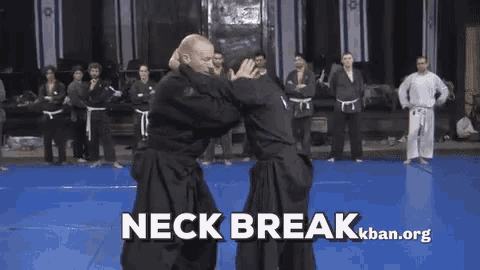 a group of people are practicing martial arts with the words neck break written on the bottom