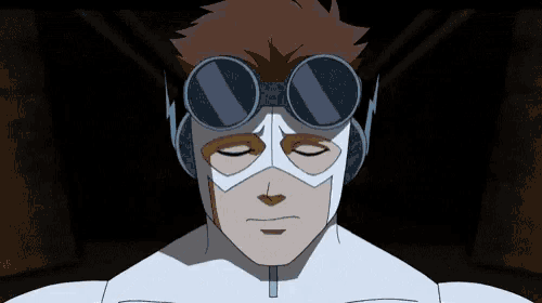 a close up of a cartoon character wearing goggles .