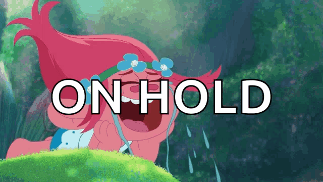 a cartoon troll is crying with the words on hold behind her