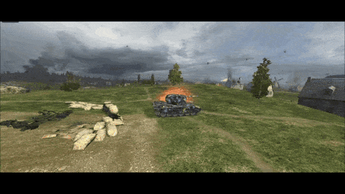 a computer generated image of a battlefield with a tank on fire