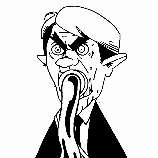 a black and white drawing of a man with his mouth open and his tongue sticking out