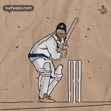 a cartoon drawing of a cricket player hitting a ball with a kulfyapp.com logo in the corner