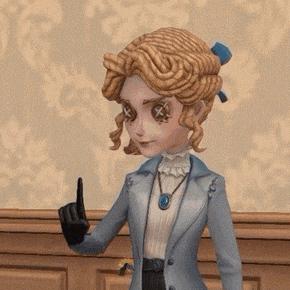 a cartoon girl in a suit and gloves is standing in front of a wall and pointing at something .