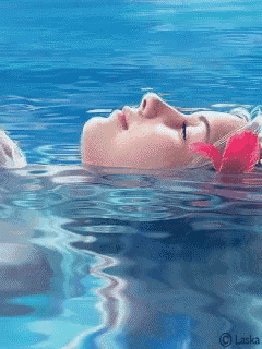 a painting of a woman floating in the water with a flower in her hair by laska