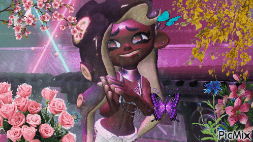 a picture of a girl holding a butterfly and flowers with picmix written in the corner