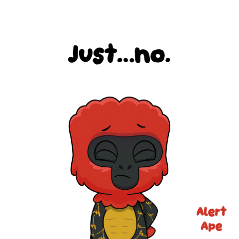 a cartoon of a red ape with the words just no written above it