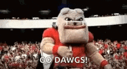 a bulldog mascot is dancing in front of a crowd at a football game and saying `` go dawgs '' .