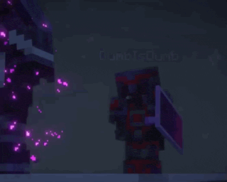 a person in a minecraft video game is standing next to a purple block .