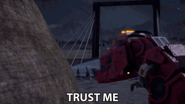 a picture of a red robot with the words trust me below it