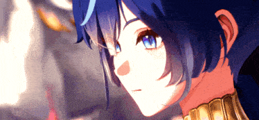 a close up of a blue haired anime character with a necklace
