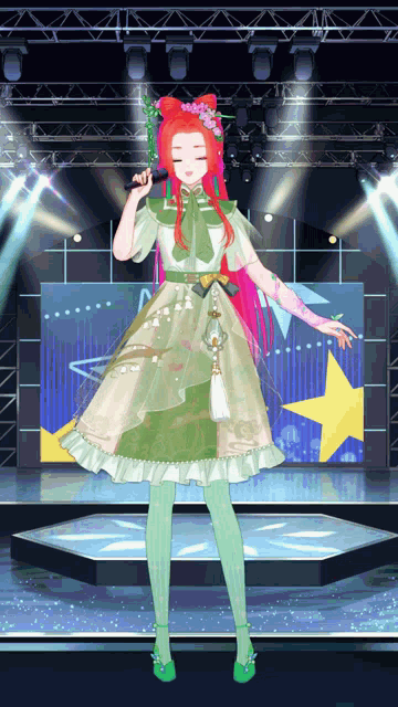 a girl with red hair is singing into a microphone on stage