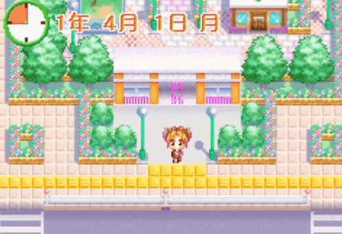 a video game shows a girl standing in front of a building with flowers and a clock in the background