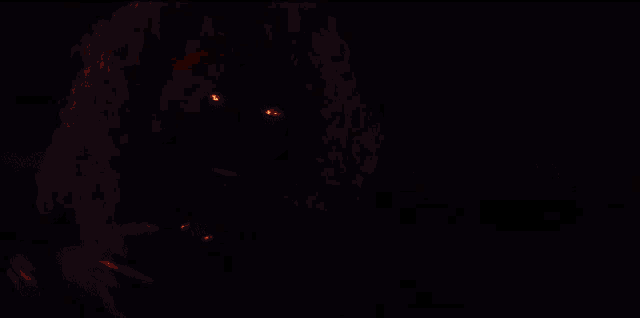 a close up of a person 's face surrounded by flames in the dark .