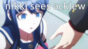 a girl in a sailor suit is holding a man 's hand and says nikki sees acklew .