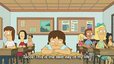 a cartoon of a boy sitting at a desk in a classroom saying tacos this is the best day of my life .