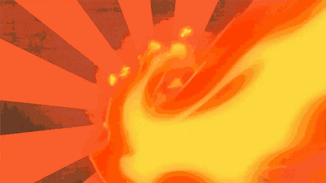 a red and yellow background with a swirl of fire
