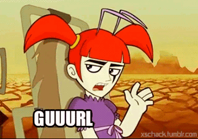 a cartoon girl with red hair is sitting in a chair and says guuuurl