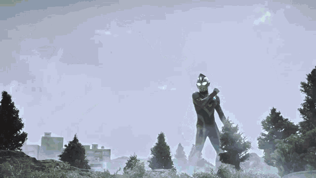 a man in a superhero costume is standing in a foggy forest